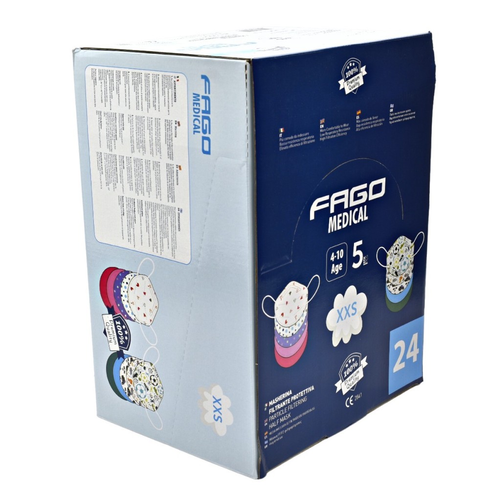Μάσκα προστασίας Fago Poli FFP2 XXS-size 120 τμχ σε διάφορα σχέδια (60 τμχ για αγόρι/60 τμχ για κορίτσι) ηλικίας 4-10 ετών.