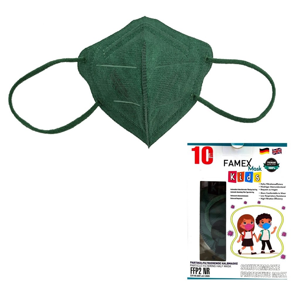 Παιδική μάσκα προστασίας Famex Poli FFP2 με φιλτράρισμα 10 τμχ Σκούρο-πράσινο.